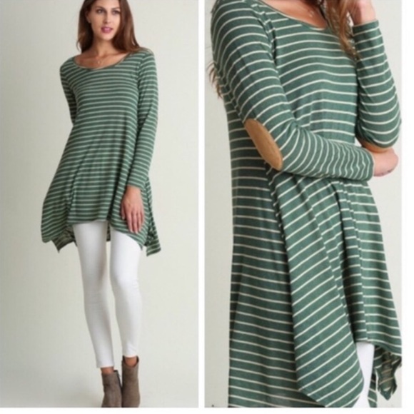Umgee Green Striped Tunic Dress with Elbow Patches - Picture 1 of 7